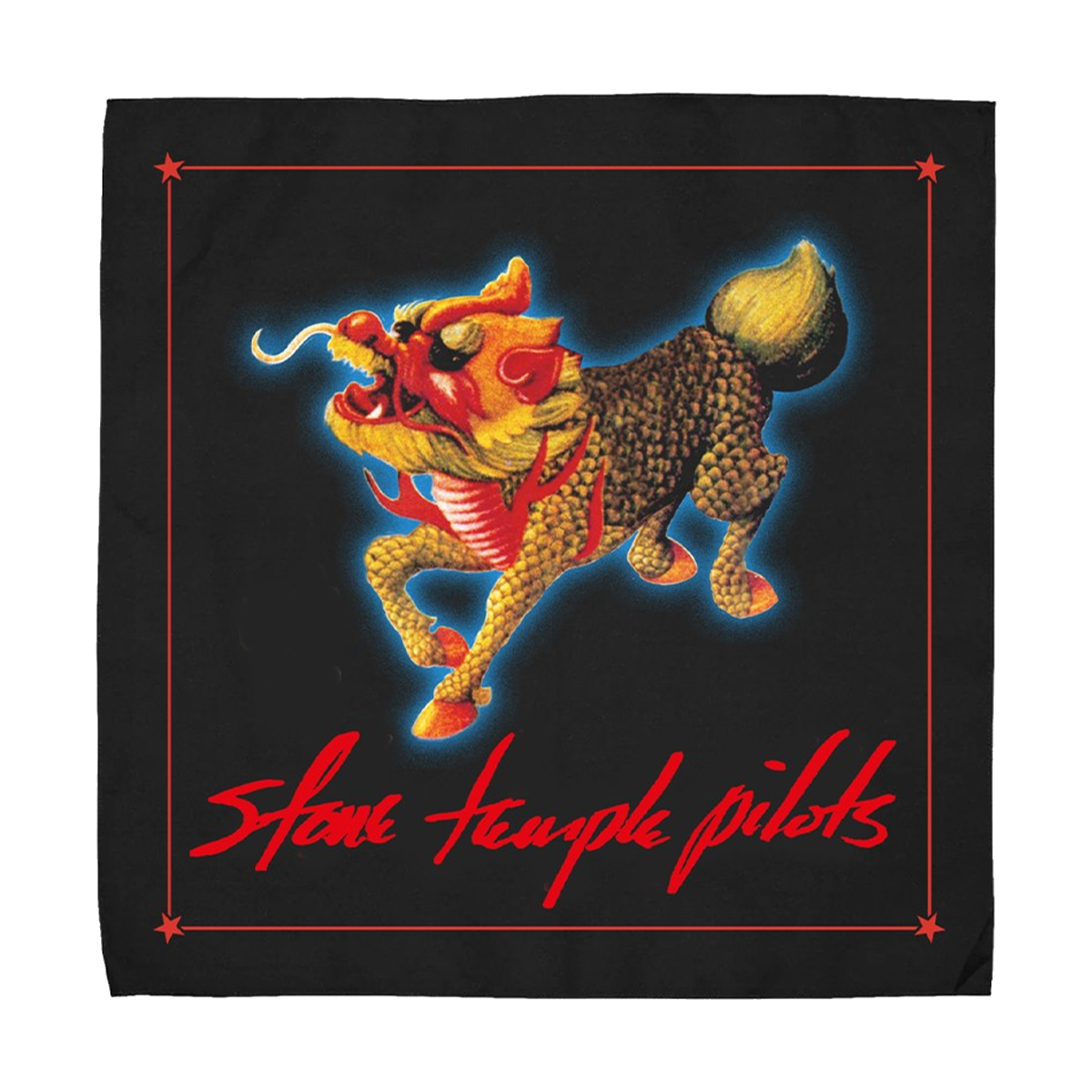 An oversized black bandana with artwork from the Purple album, from Stone Temple Pilots.