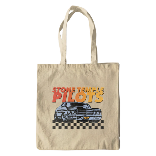 Stone Temple Pilots tote bag with a vintage car illustration and gradient band logo.