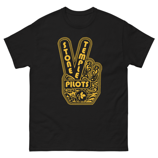 A classic black cotton short sleeve tee with gold peace hands artwork, from the self titled Stone Temple Pilots album.