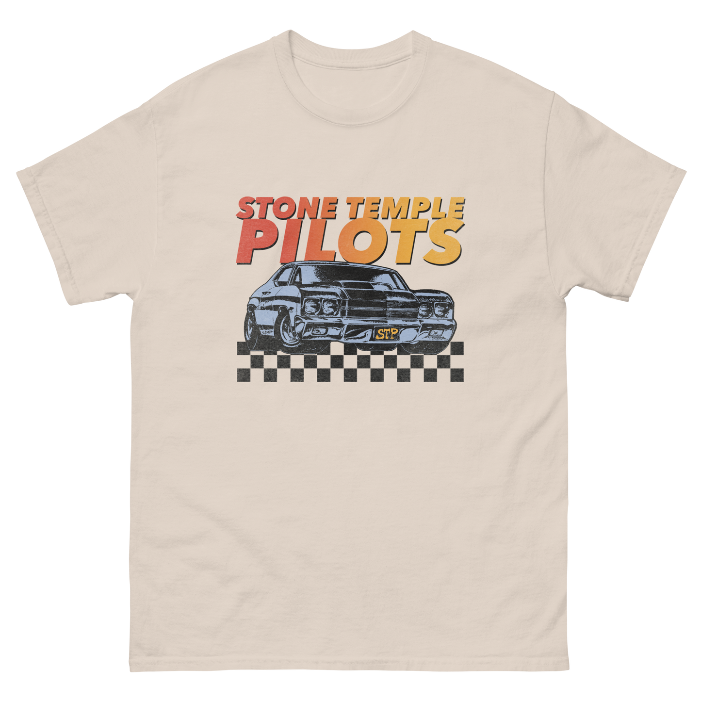 Stone Temple Pilots t-shirt with a vintage car graphic and bold STP logo.