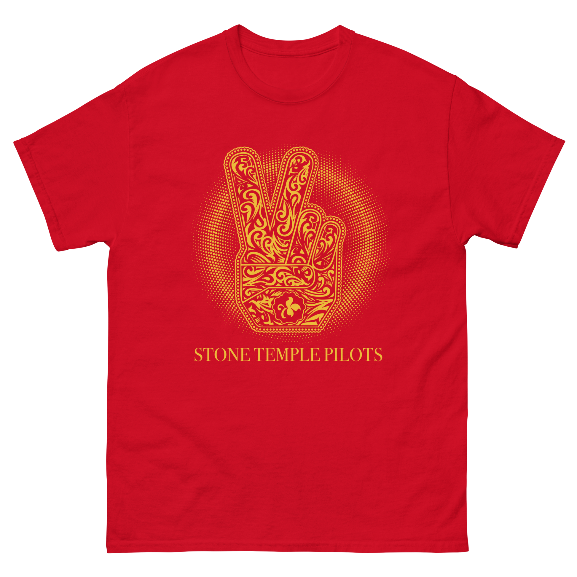 A classic red cotton short sleeve tee with gold peace hands artwork, from the self titled Stone Temple Pilots album.