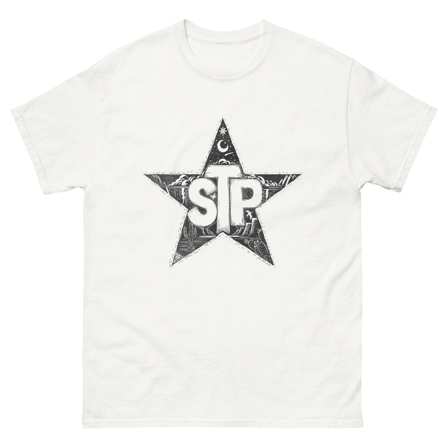 White t-shirt with a black star design and 'STP' text on a white background
