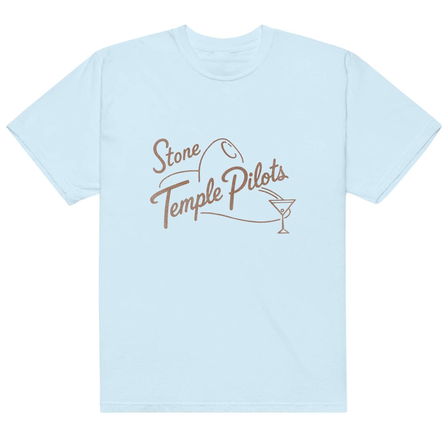 A light blue crewneck t-shirt with a brown graphic on the chest reading 'Stone Temple Pilots' alongside a small motorcycle and martini glass illustration.