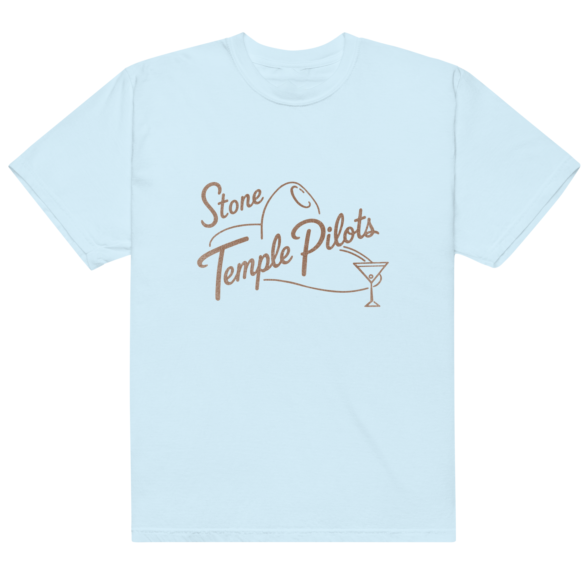 A light blue crewneck t-shirt with a brown graphic on the chest reading 'Stone Temple Pilots' alongside a small motorcycle and martini glass illustration.