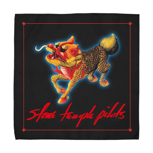 An oversized black bandana with artwork from the Purple album, from Stone Temple Pilots.