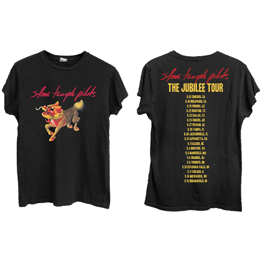 A black cotton tour tee with Purple album artwork on the front and Jubilee tour itinerary dates on the back, from Stone Temple Pilots.