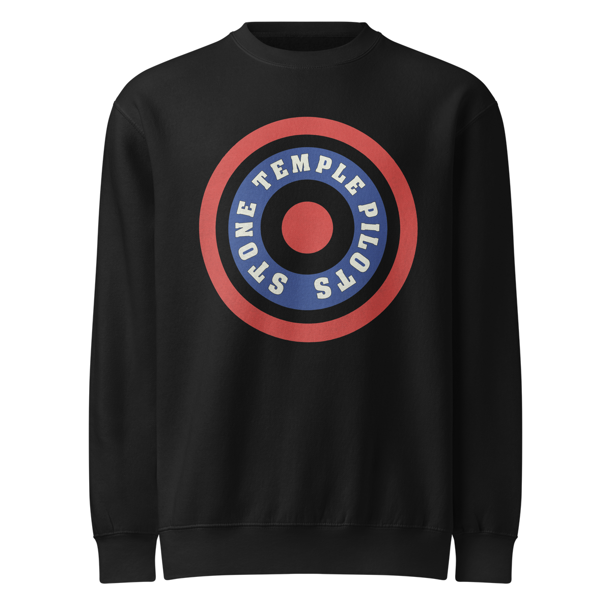 A black crewneck sweatshirt featuring a circular graphic on the chest with the text 'STONE TEMPLE PILOTS' in white on a blue ring, surrounded by a red ring and a red center.