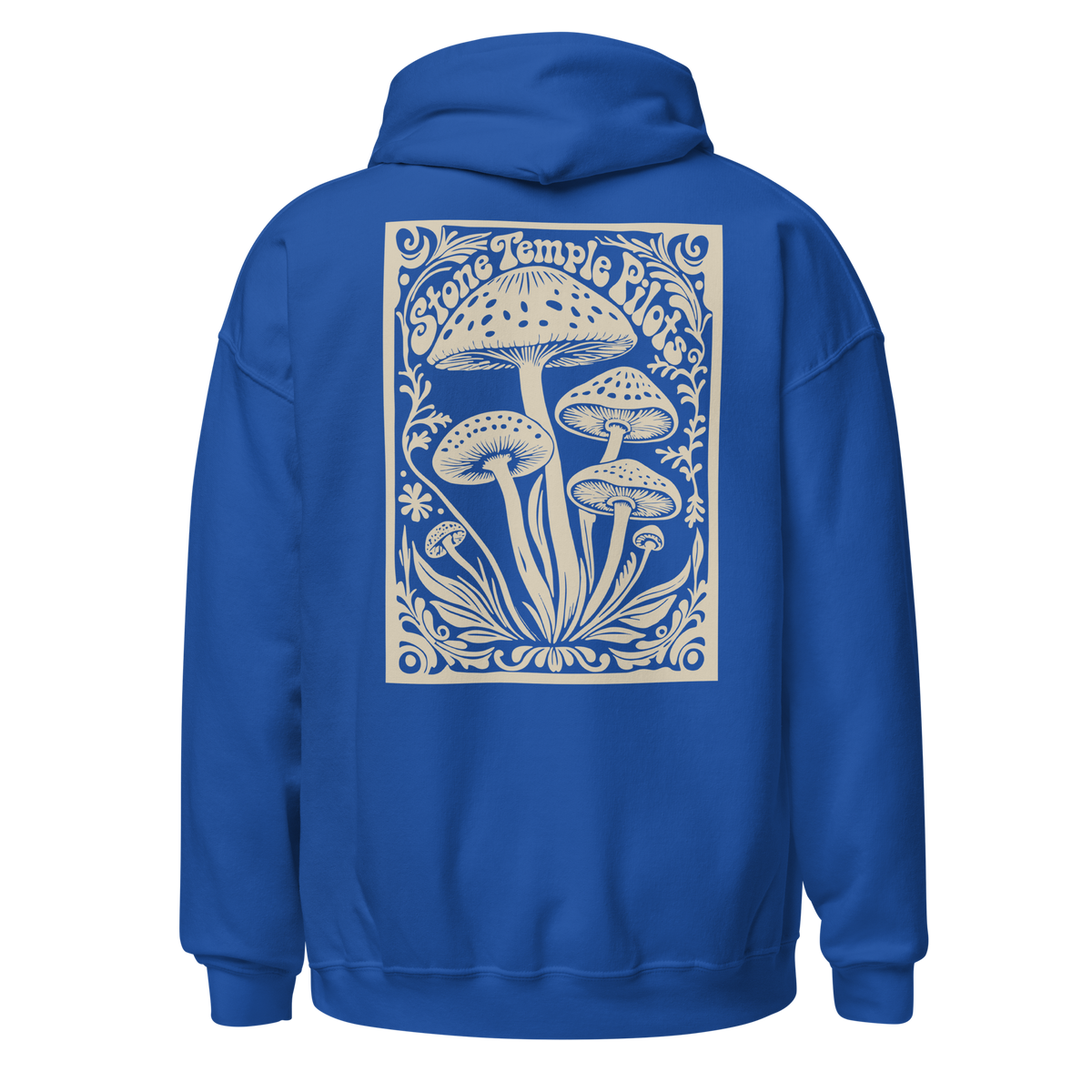 A royal blue pullover hoodie shown from the back, featuring a large cream-colored graphic print of mushrooms with the words 'Stone Temple Pilots in an ornate border design.