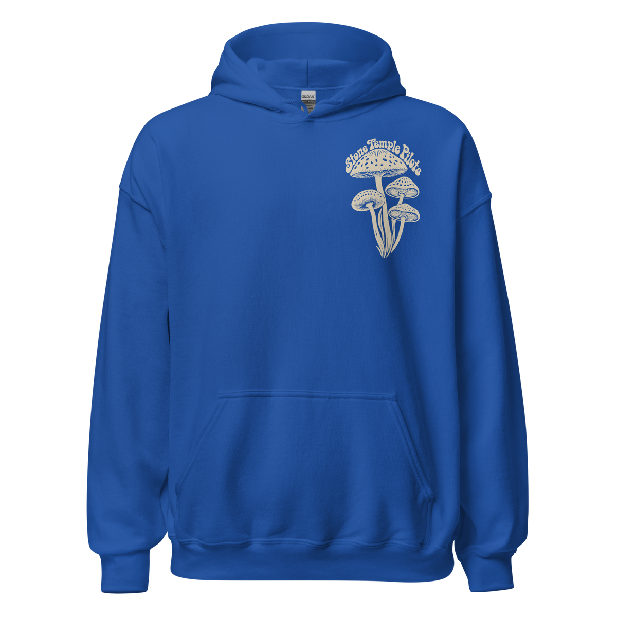 A royal blue pullover hoodie with a white graphic on the left chest depicting mushrooms under a mushroom cap, with the text 'Stone Temple Pilots arched above them.
