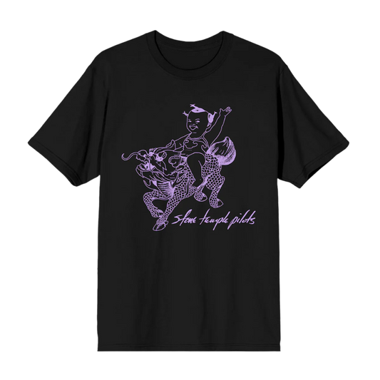 A black cotton tee with outlined Purple album artwork in purple on the front, from Stone Temple Pilots.