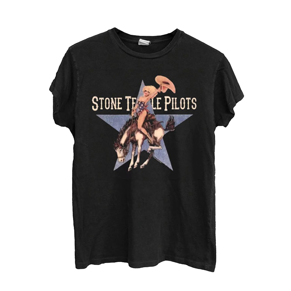 A black cotton short sleeve tee with Stone Temple Pilots logo and cowgirl riding a bronco artwork across the front.