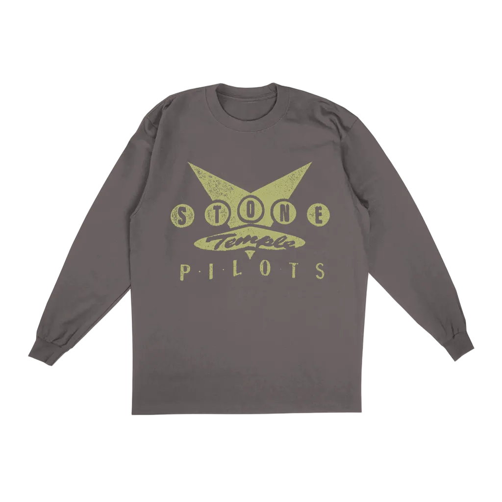 A dark gray long-sleeve t-shirt featuring a distressed light green graphic on the front that reads 'Stone Temple Pilots' with a star logo, displayed on a clean white background.