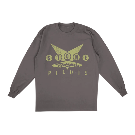 A dark gray long-sleeve t-shirt featuring a distressed light green graphic on the front that reads 'Stone Temple Pilots' with a star logo, displayed on a clean white background.