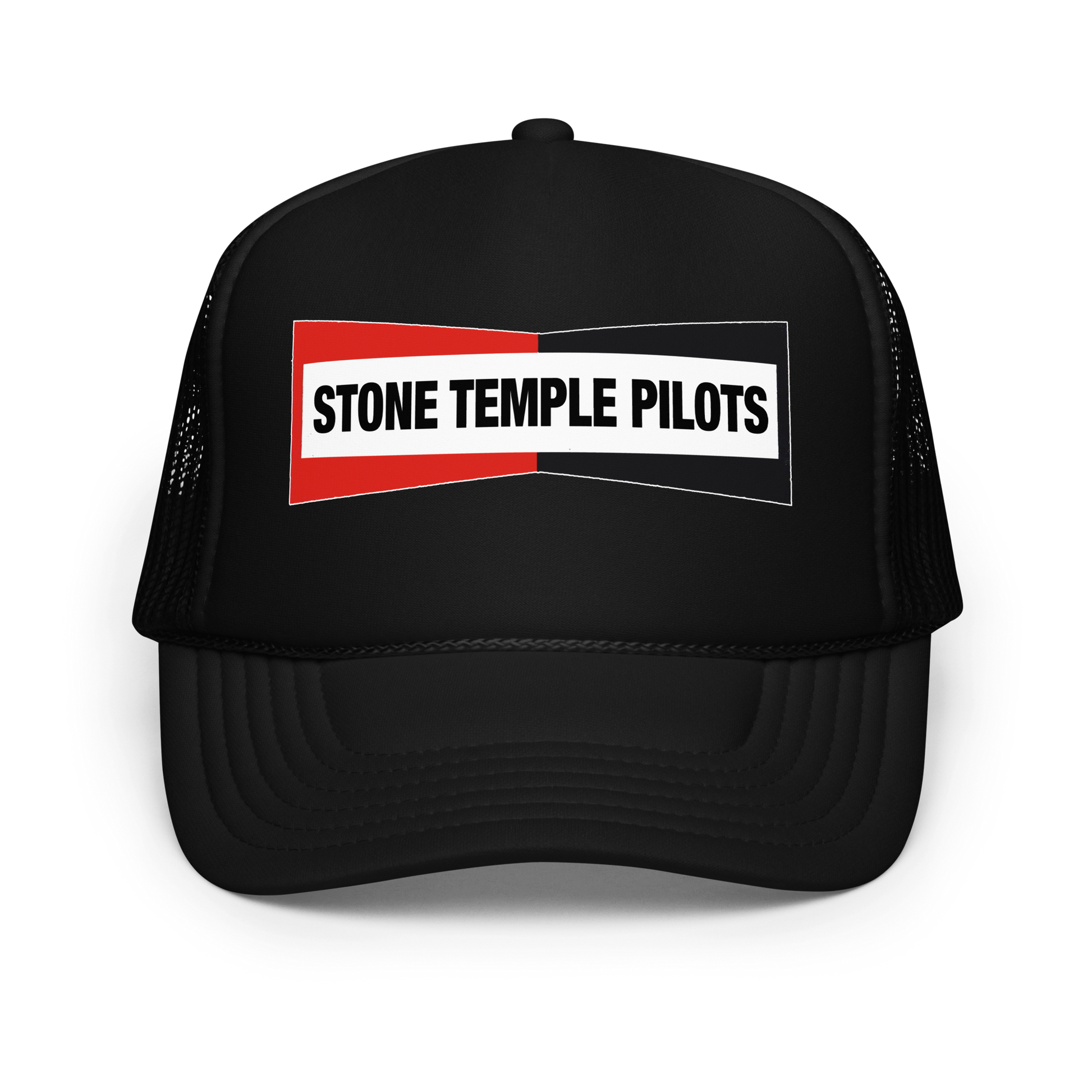 A black trucker-style cap with a curved brim and mesh back panels, featuring a front patch that reads 'STONE TEMPLE PILOTS' in white text over a red and black graphic.