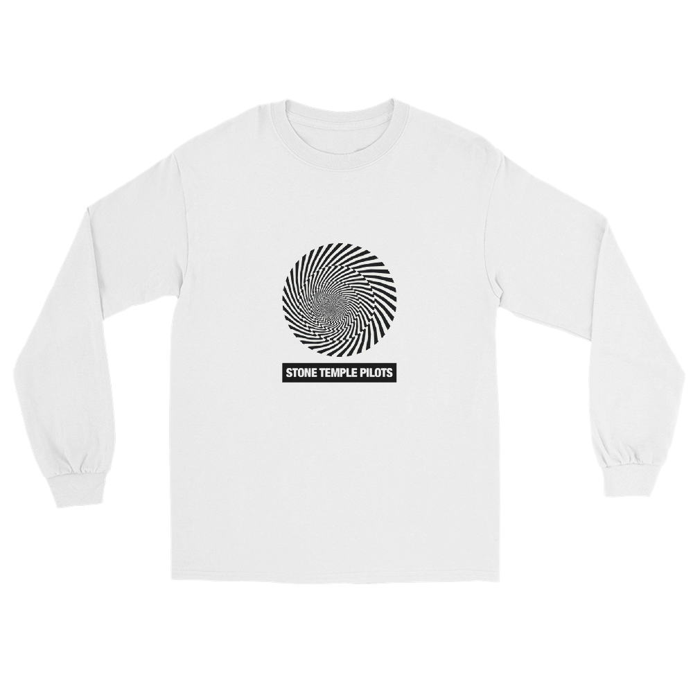 White long-sleeve shirt with a black spiral design and 'Stone Temple Pilots' text on a white background
