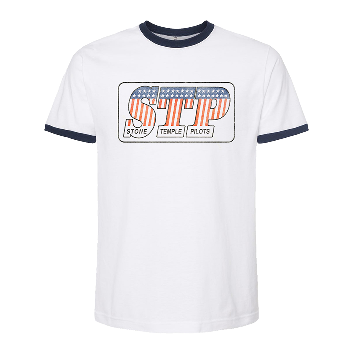 A classic white cotton short sleeve ringer tee with contrasting blue crew neckline and sleeve trim. Features the Stone Temple Pilots logo across the front. 