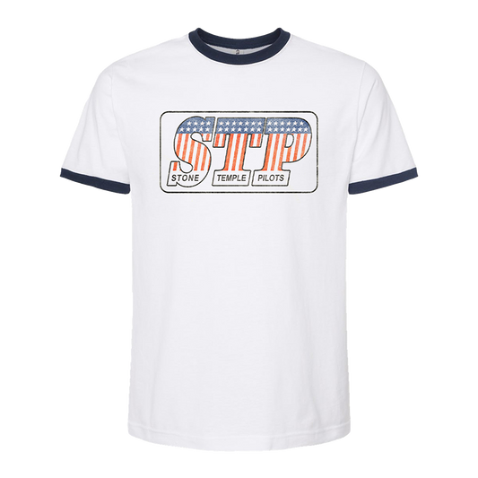 A classic white cotton short sleeve ringer tee with contrasting blue crew neckline and sleeve trim. Features the Stone Temple Pilots logo across the front. 