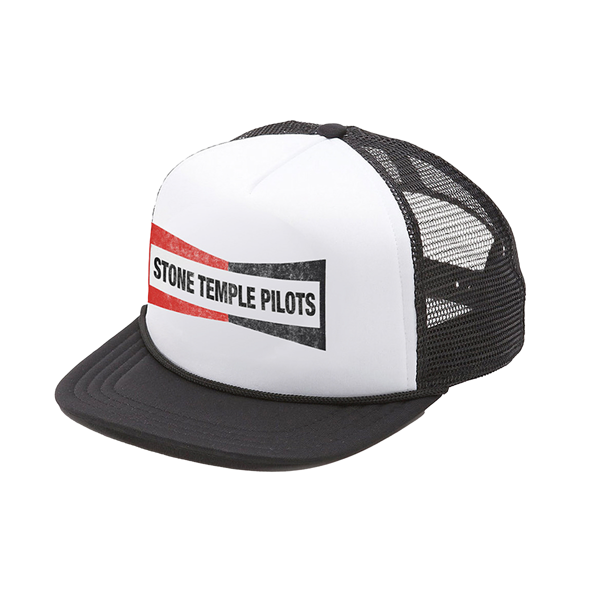 A classic white and black trucker hat with a comfortable foam front and a mesh back with snap back closure. Features the classic Stone Temple Pilots logo across the front.