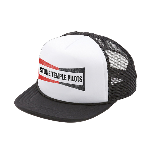 A classic white and black trucker hat with a comfortable foam front and a mesh back with snap back closure. Features the classic Stone Temple Pilots logo across the front.