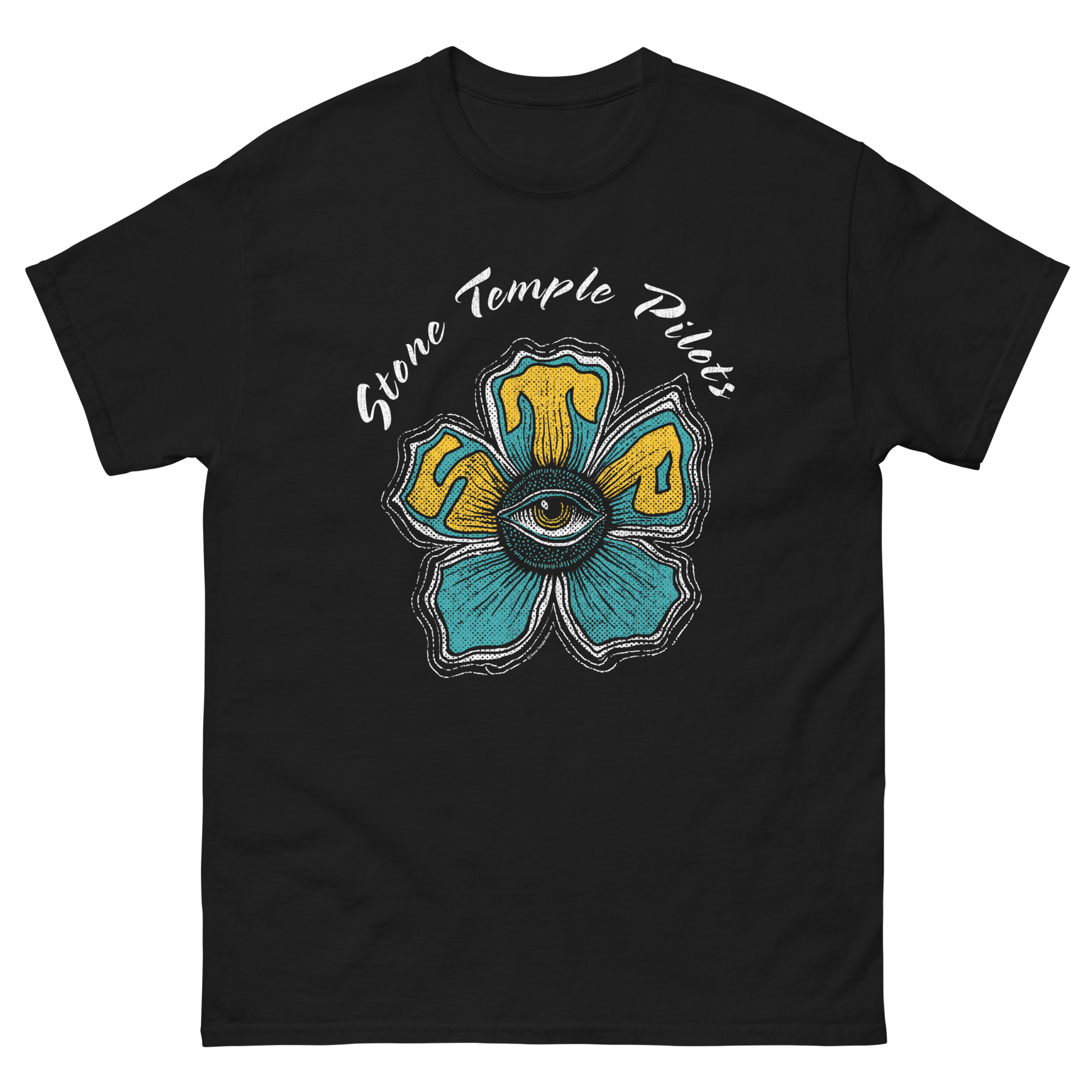 Black t-shirt with a blue and yellow flower design featuring an all-seeing eye and Stone Temple Pilots lettering.