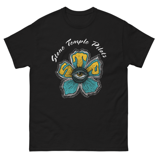 Black t-shirt with a blue and yellow flower design featuring an all-seeing eye and Stone Temple Pilots lettering.