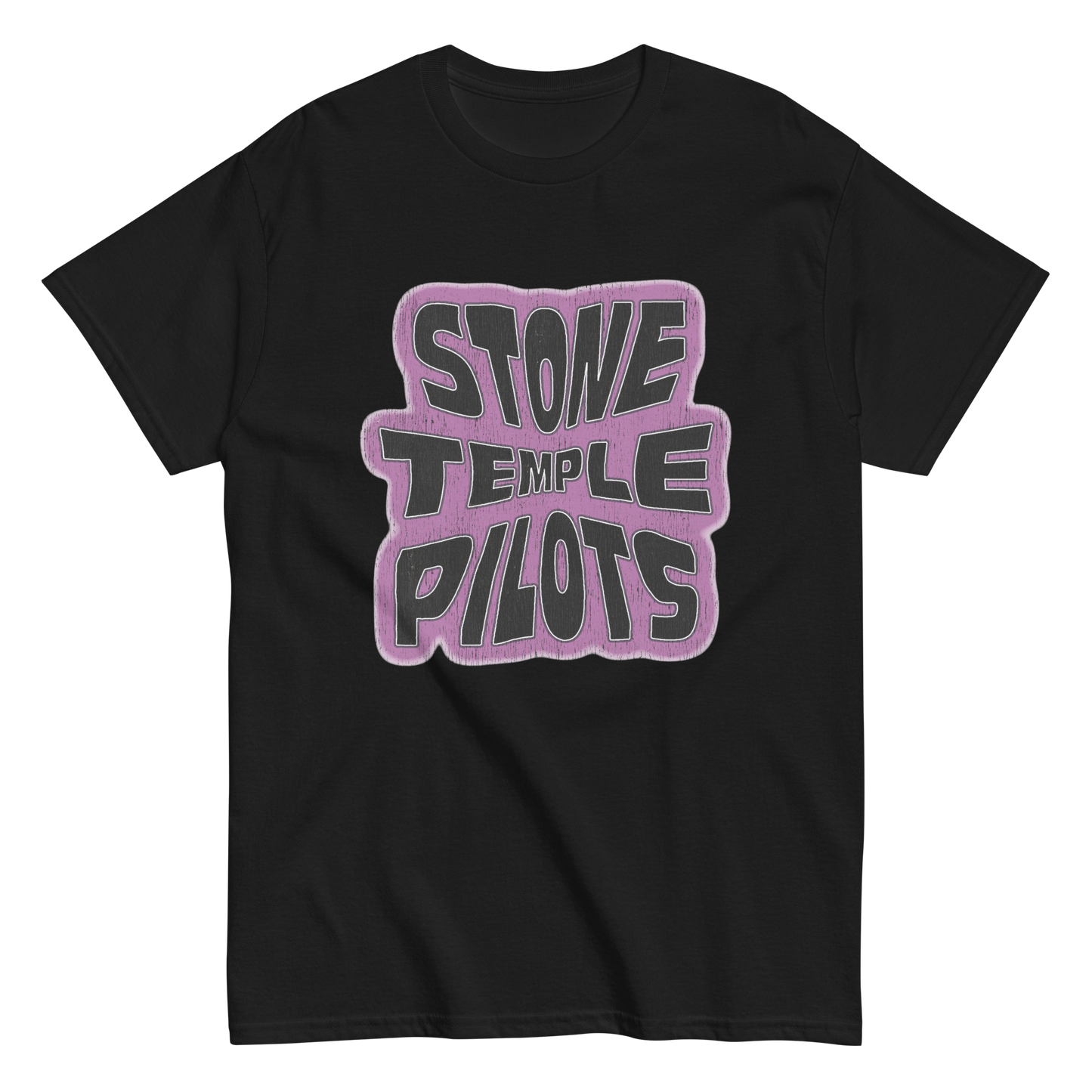 Stone Temple Pilots black tee with bold, hand-drawn graphic text and purple trim.
