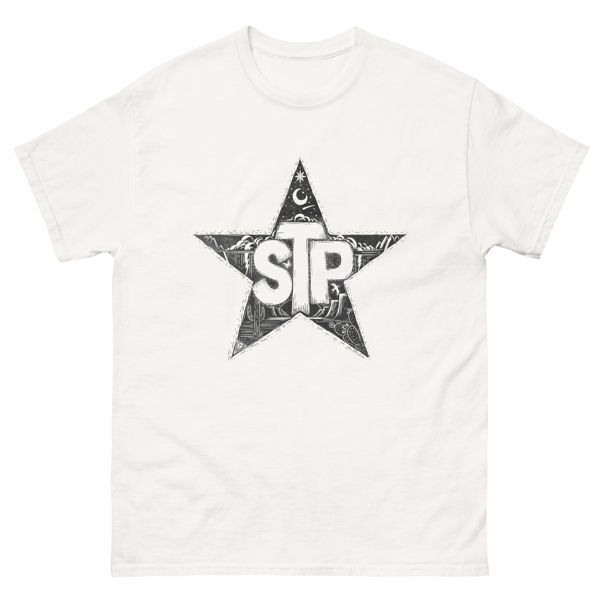 White t-shirt with a black star design and 'STP' text on a white background