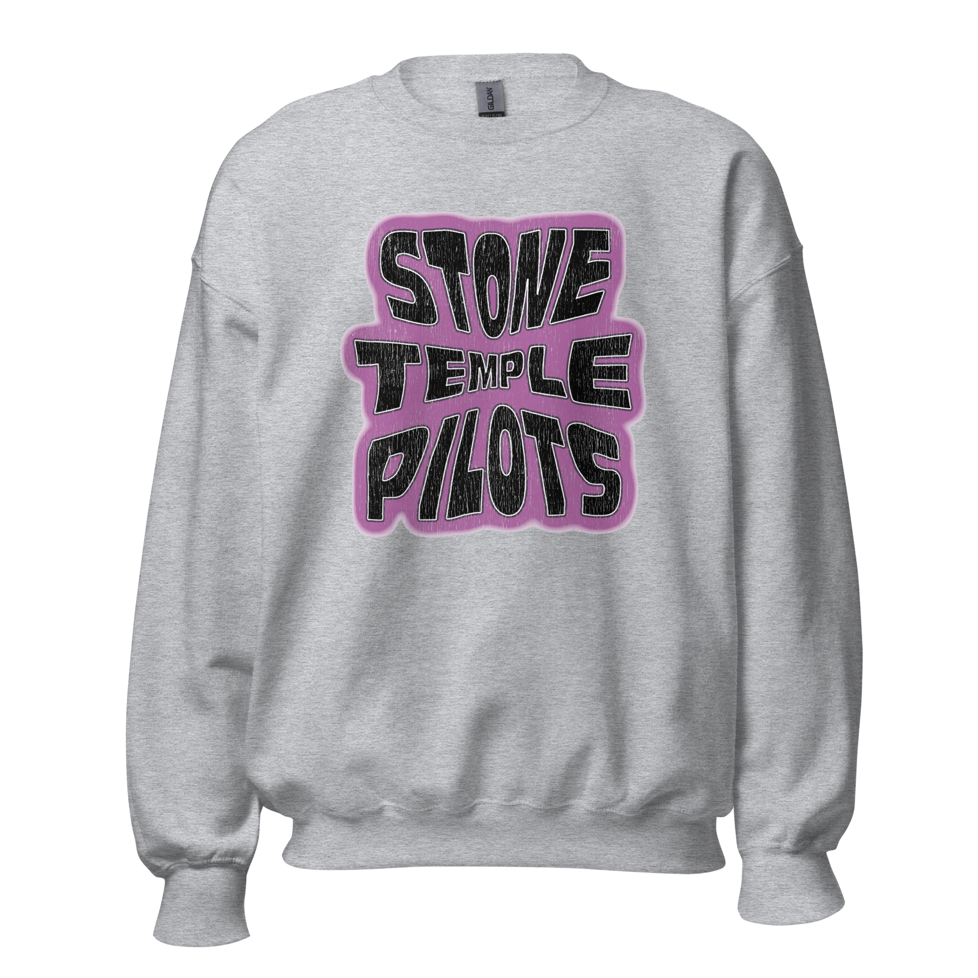 Grey crewneck sweatshirt with a large black and purple Stone Temple Pilots graphic on the front.