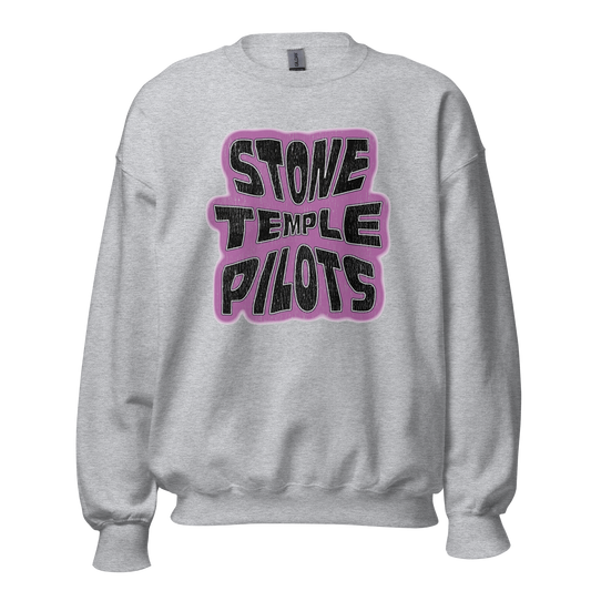 Grey crewneck sweatshirt with a large black and purple Stone Temple Pilots graphic on the front.